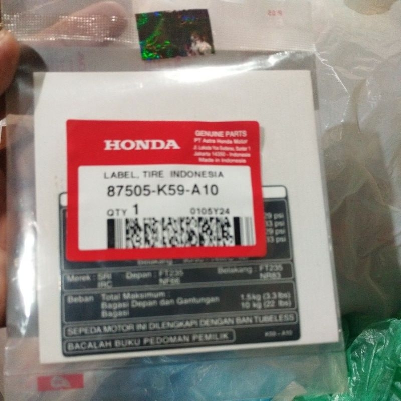 Label Tire Stiker Informasi Tekanan Angin Vario 150 Led 125 Led Beat Esp Asli Honda 87505-K59-A10