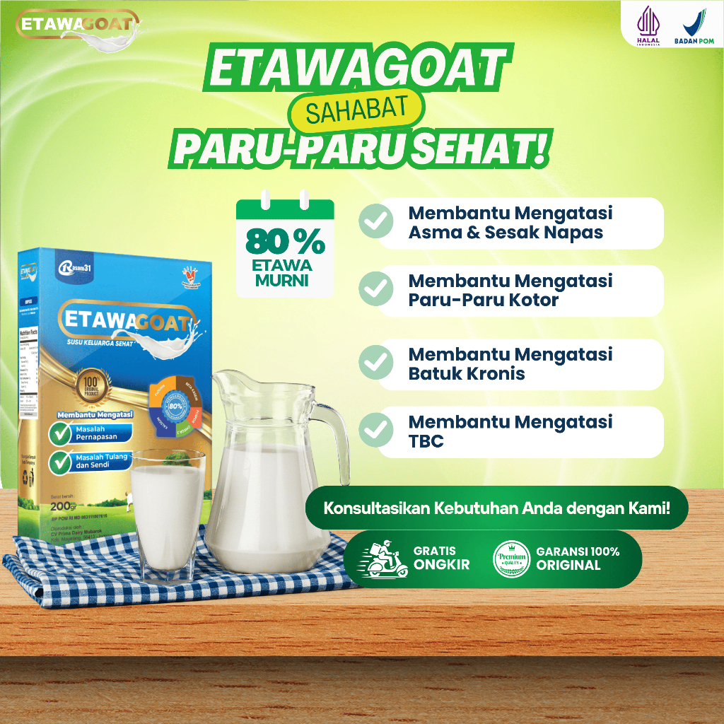 

Susu Kambing ETAWAGOAT [PAKET SUPER HEMAT 5 BOX] - Minuman Sehat untuk Pernapasan Lebih Lega serta membantu mengatasi permasalahan Asma, Batuk kronis, Batuk menahun, Bronkitis, Pneumonia, Sesak napas, Napas Pendek, Emfisema, Batuk kering dan Tuberkulosis