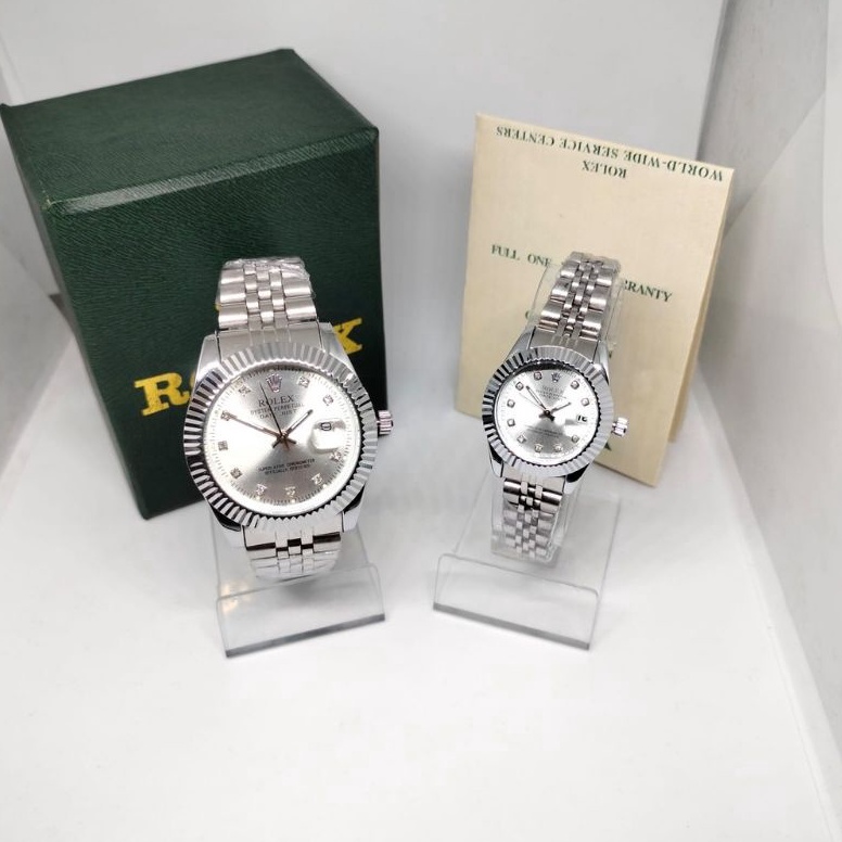 KODE R89E Jam Tangan Couple Rolex Tali Rantai Tanggal Aktif Free Box Ori  Baterai Cadangan