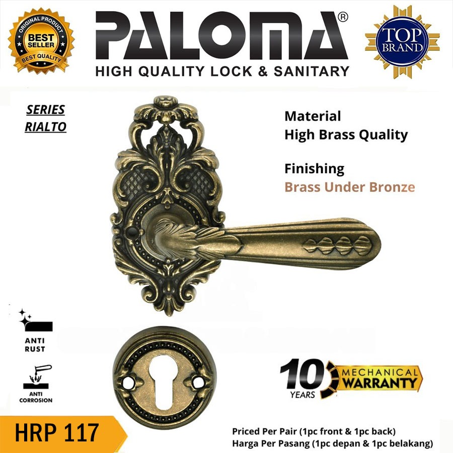 PALOMA HRP 117 Gagang  Pintu Kamar Rumah Kuningan Lever Handle Roses Rialto Series Finishing Brass U