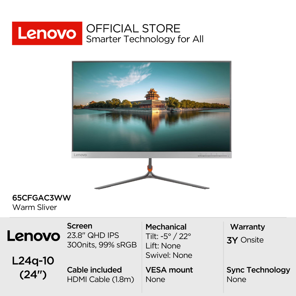 Lenovo Monitor L24q-10 23.8" QHD IPS 300 nits 99% sRGB, DP + HDMI, Warranty 3 years | 65CFGAC3WW