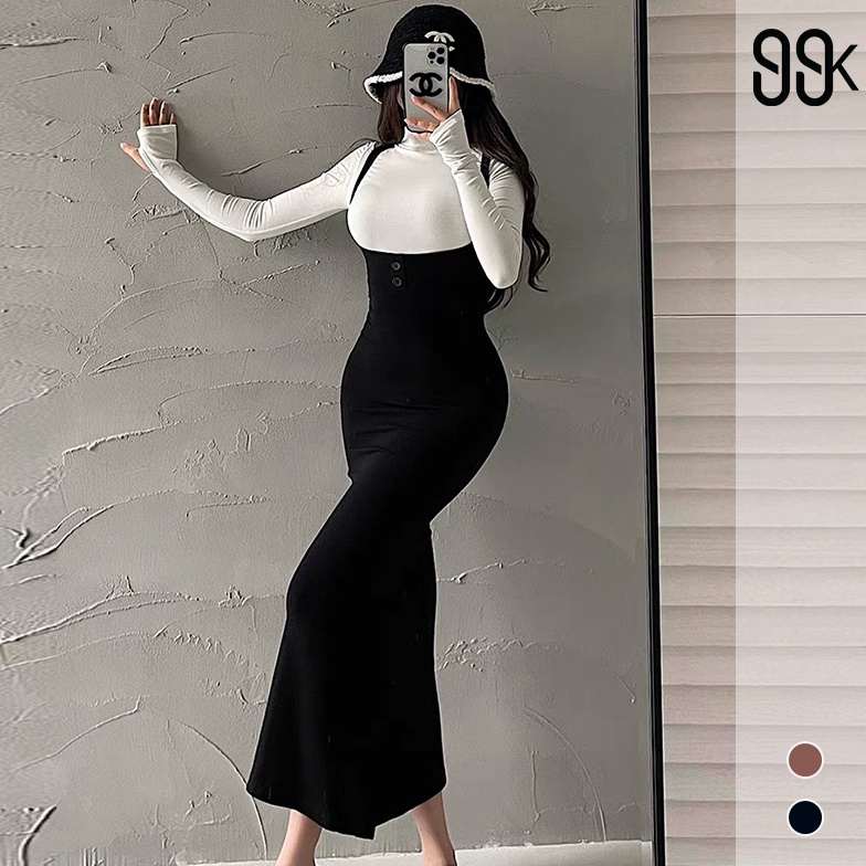 KODE M79W One Set Turtle Neck Long Sleeve Top  Strap Midi Dress 157 SMLXL