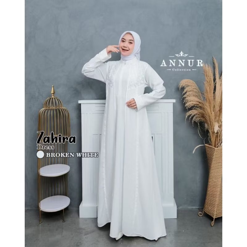 Gamis Zahira Putih Ceruty Linen Ross Dress Wanita Kekinian