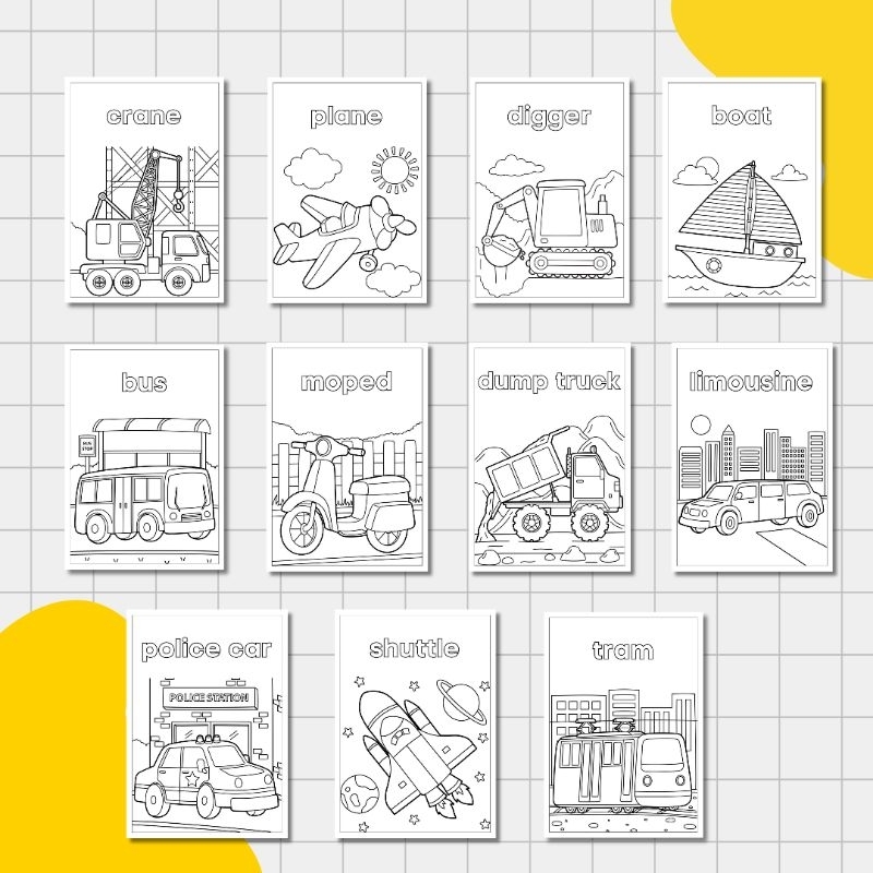 

10 lembar kertas mewarnai tema transportasi ( random )