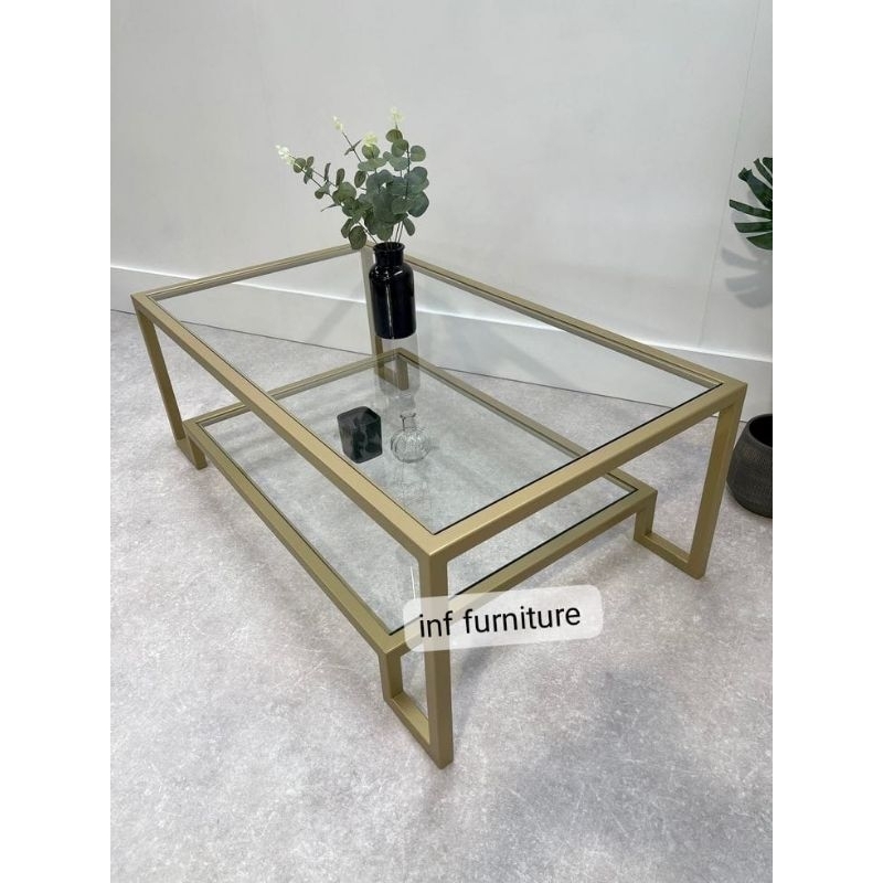 coffe table meja tamu minimalis besi gold top kaca