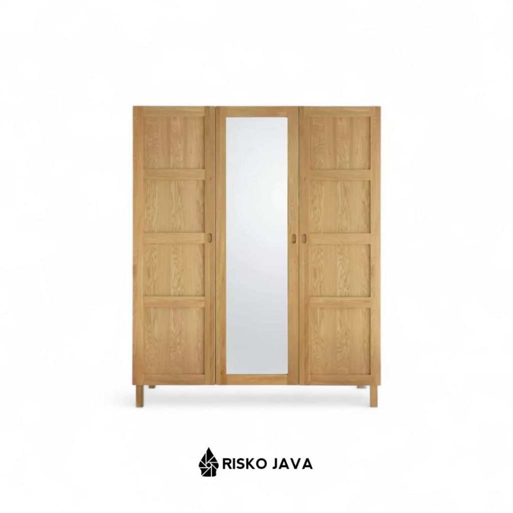 Almari Kayu Jati / Almari Pakaian Pintu Kaca / Almari 3 Pintu Minimalis | POTTS