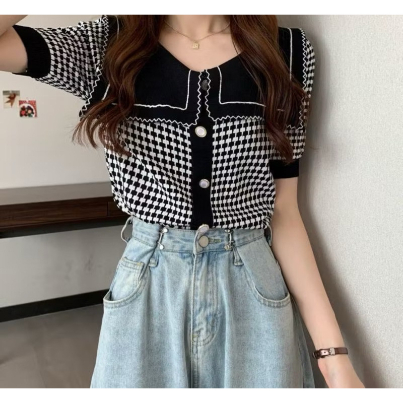 Baju Atasan BKK Kerah Sailor Kaos Bahan Rajut Crop Top Lengan Pendek Fashion Korean Motif Kotak Atas