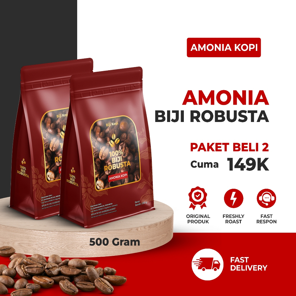 

Paket Hemat! Beli 2 Amonia Kopi Robusta 500Gram – Biji Kopi Premium, Fresh Roasted, Rasa Kuat & Nikmat