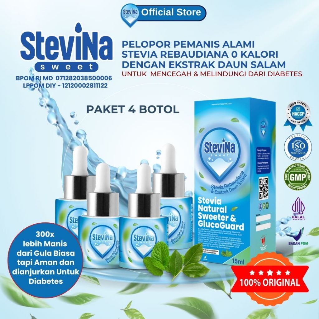 

Stevina sweet Pelopor Pemanis Stevia dan Daun salam Pengganti gula untuk Mencegah dan melindungi dari Diabetes Kemasan 15ml Paket 4 Botol