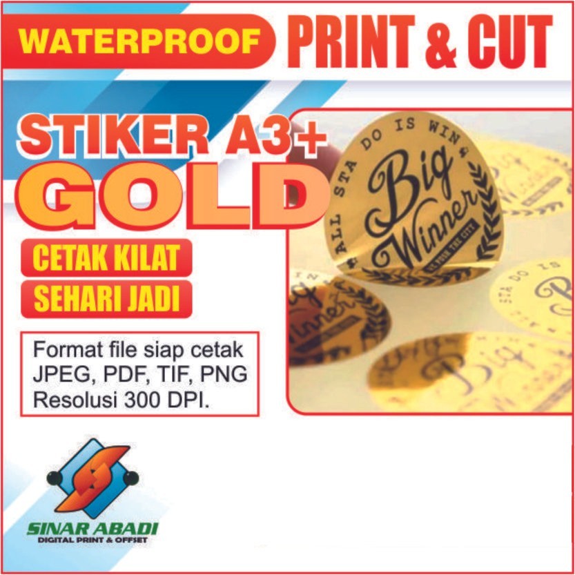 

PRINT STICKER GOLD | STIKER A3+ I CETAK STIKER GOLD FREE CUTTING TERMURAH