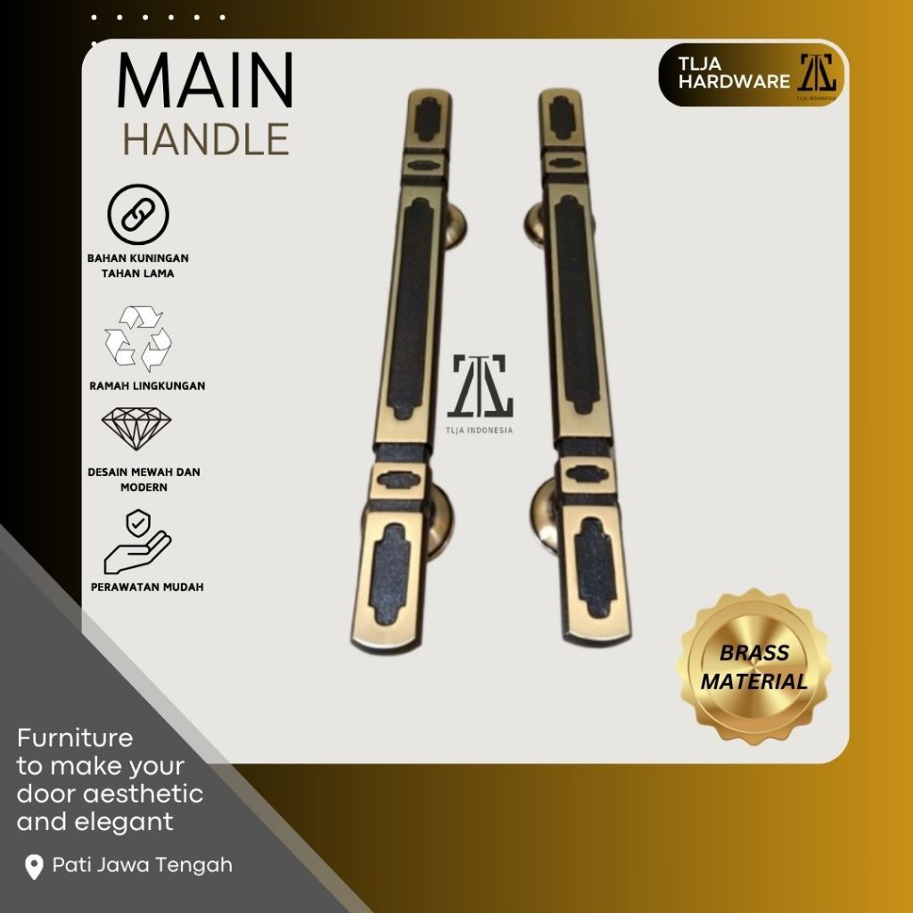 Handle Pintu Gagang Pintu Rumah Kuningan Kunci Antik Motif Kotak Classic 33 cm 2 Pcs Sepasang