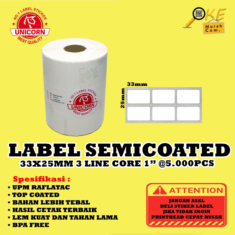 

Stiker Label Barcode Semicoated 33x25 mm / 33 x 25 mm / 33x25mm 3 Line Core 1 inch isi 5.000pcs
