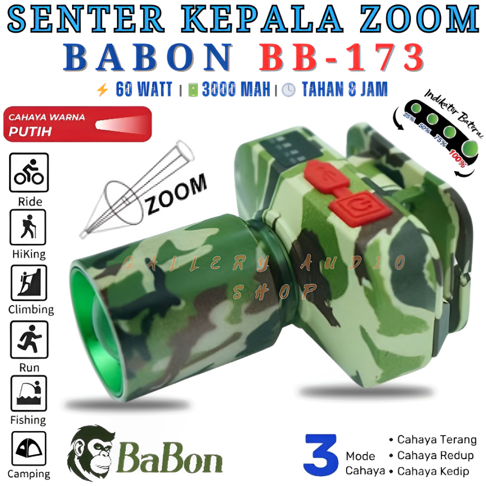 Senter Kepala Zoom BABON BB-173 LED 60 Watt Cahaya Putih Super Terang Army Series Lampu Depan Tahan 