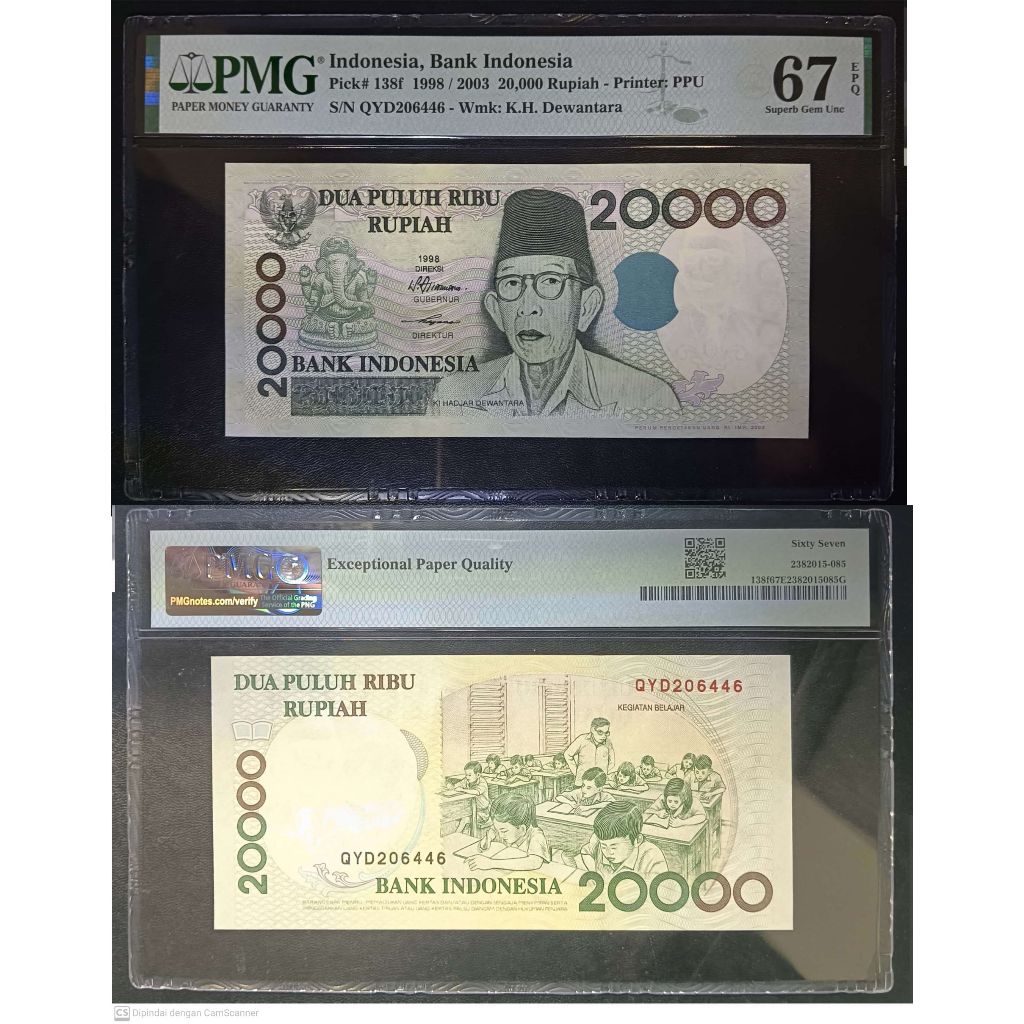Uang kuno PMG 67 EPQ - 20000 rupiah tahun 1998 Ki Hajar Dewantara