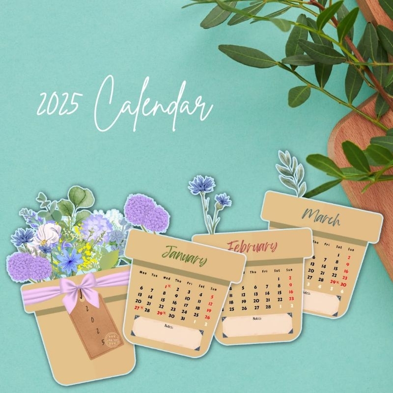 

Calendar desk Kalender meja 2025 unik pop up pot bunga flower vase free dudukan kayu