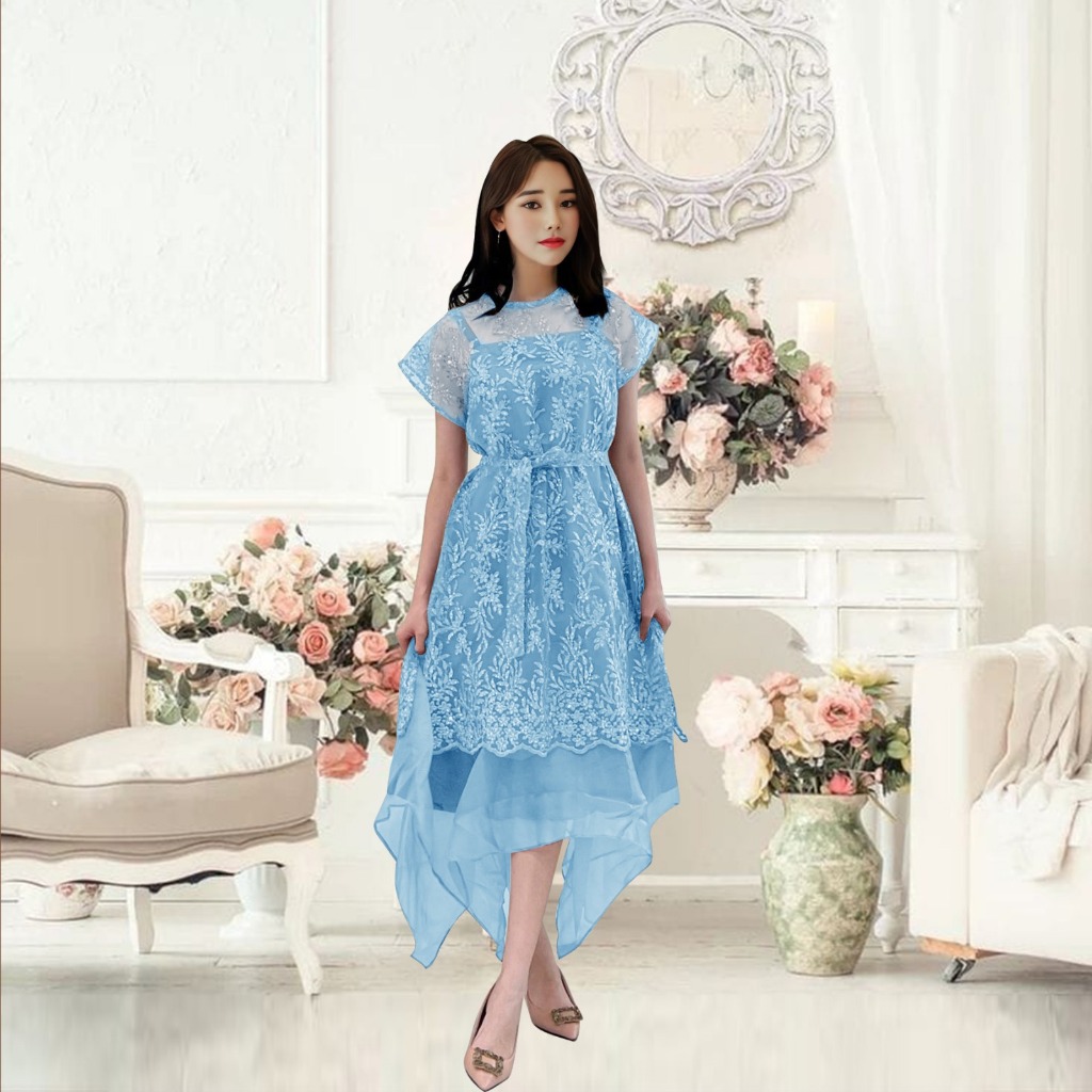 Dress 2in1 Pesta Natal Wanita Model Terbaru Inner dan Outer Dress Liona Kondangan Model Lengan Pende