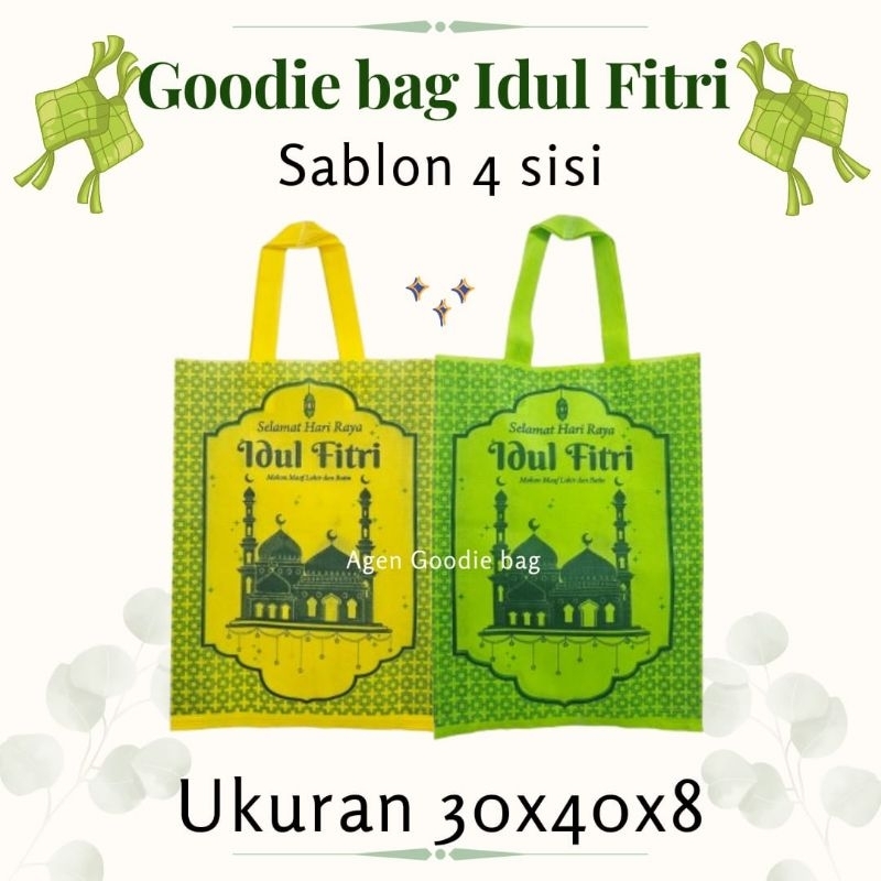 

(LUSINAN 12pcs) Tas idul Fitri 30x40x8 sablon 4 sisi edisi 2025/ goodie bag lebaran/ tas spunbond