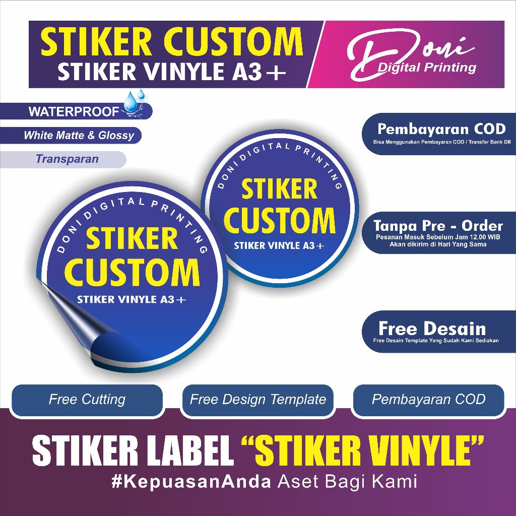 

Stiker Custom Stiker Vinyl A3+ Waterproof White Matte & Glossy Transparan