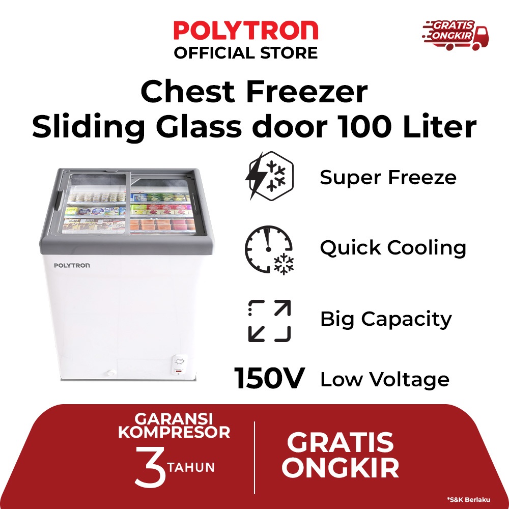 Polytron Chest Freezer PCF 129 Pintu Kaca Sliding 100 Liter