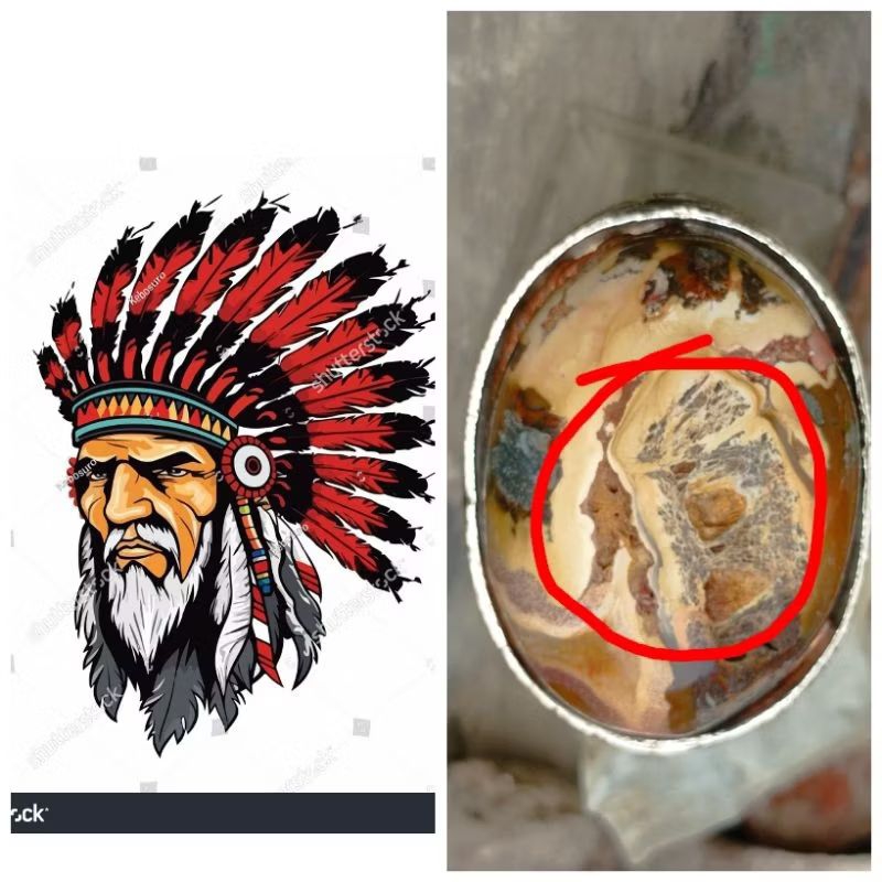 Cincin batu natural gambar orang Indian Apache material badar perak ereke sakral