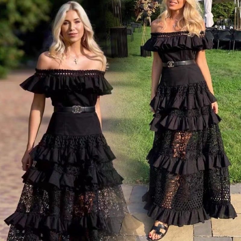ruffle sabrina midi dress aline skirt lace brukat brokat brocade premium europe paris dress gaun pes