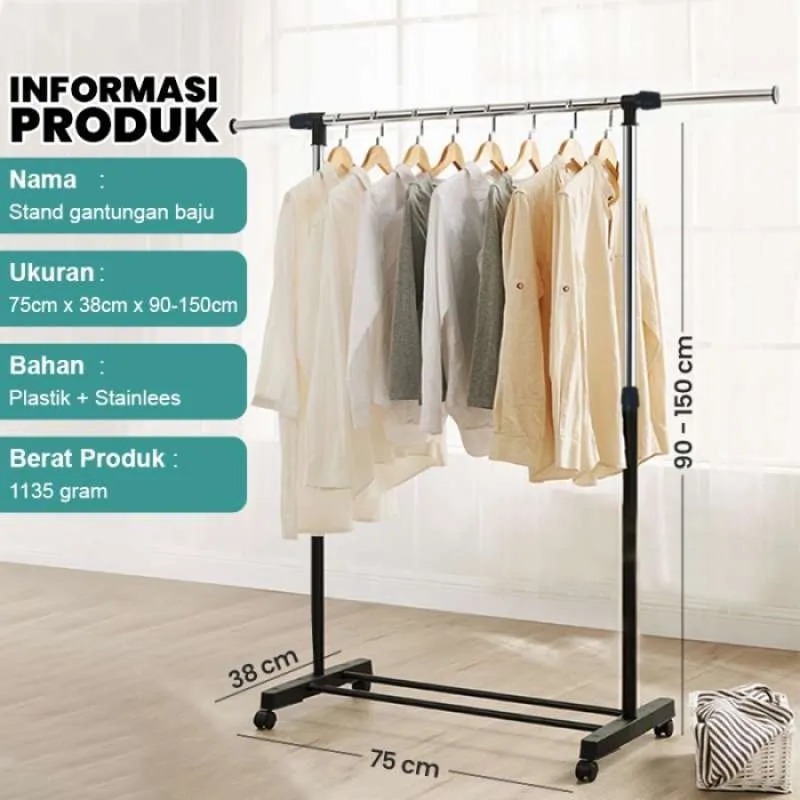 Cuci Gudang  Jemuran Baju Single Pool Rak Besi Stainless / Jemuran Pakaian / Stand Hanger Besi