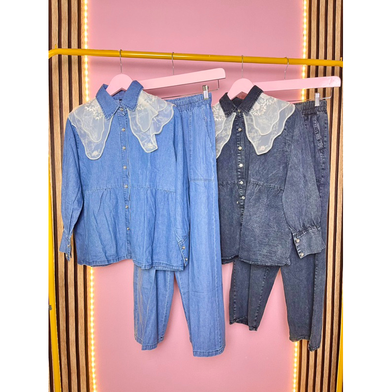 Zaletta One Set 2in1 Set Blouse Dan Celana Jeans Kerah Kupu-kupu Organza