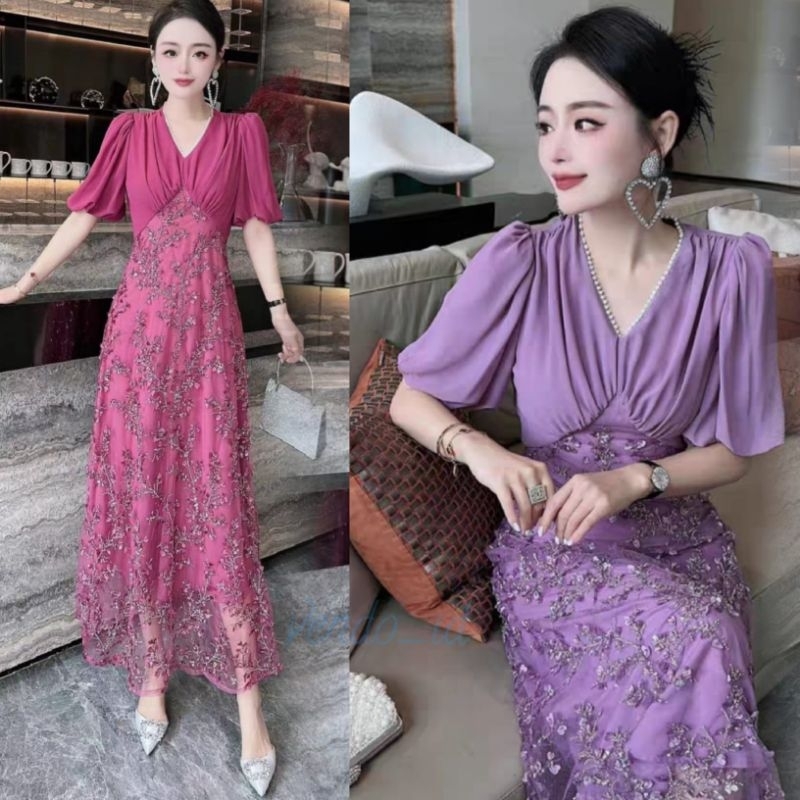 sleeve midi lace brukat floral premium europe paris dress gaun pesta wedding party event club prewed