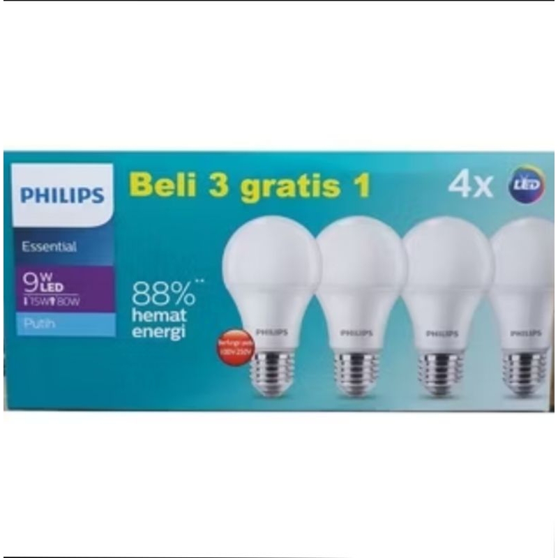 Lampu/Bohlam LED Philips Essential 9 Watt Original , Paket 3 Gratis 1, Philips Essential Multipack