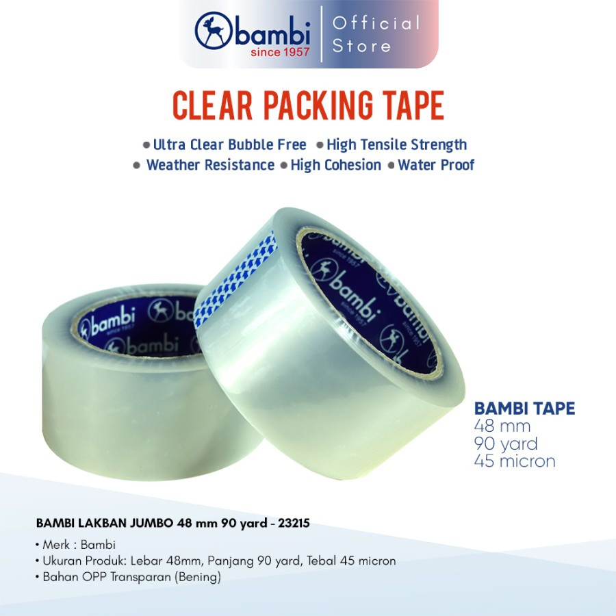 

Bambi Selotip / Lakban Bening / OPP Tape Jumbo 48 mm 90 yard - 23215