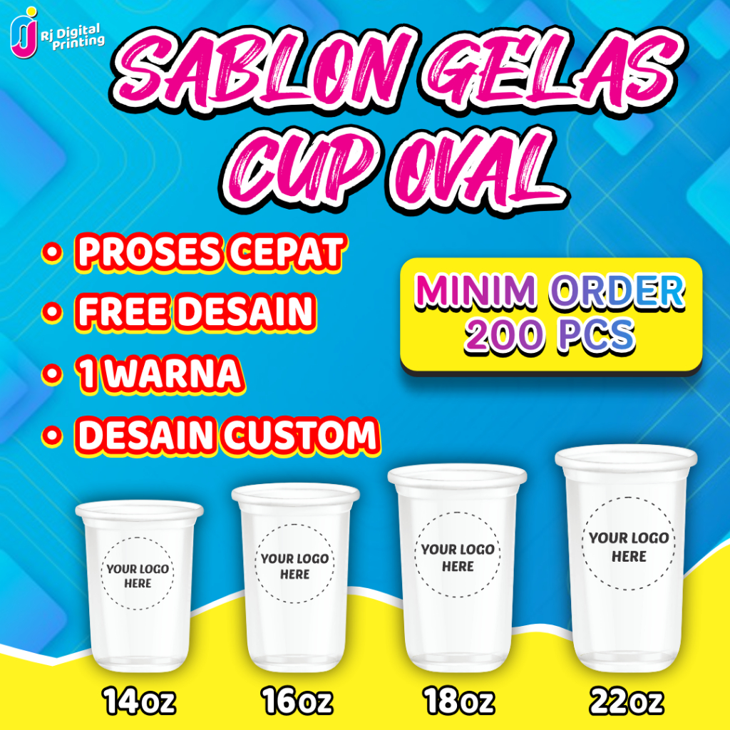 Sablon Gelas Cup Oval Custom 14 oz, 16 oz, 18 oz, dan 22 oz Oval Termurah