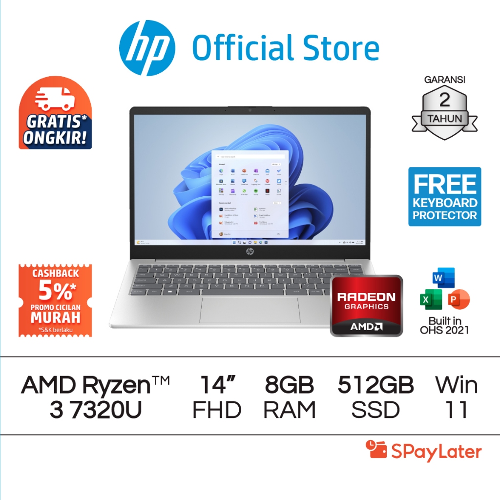 Cicilan Murah SPL - Laptop HP AMD Ryzen 3 Radeon 8GB RAM 512GB SSD Gold / Silver Windows 11 Home 14 