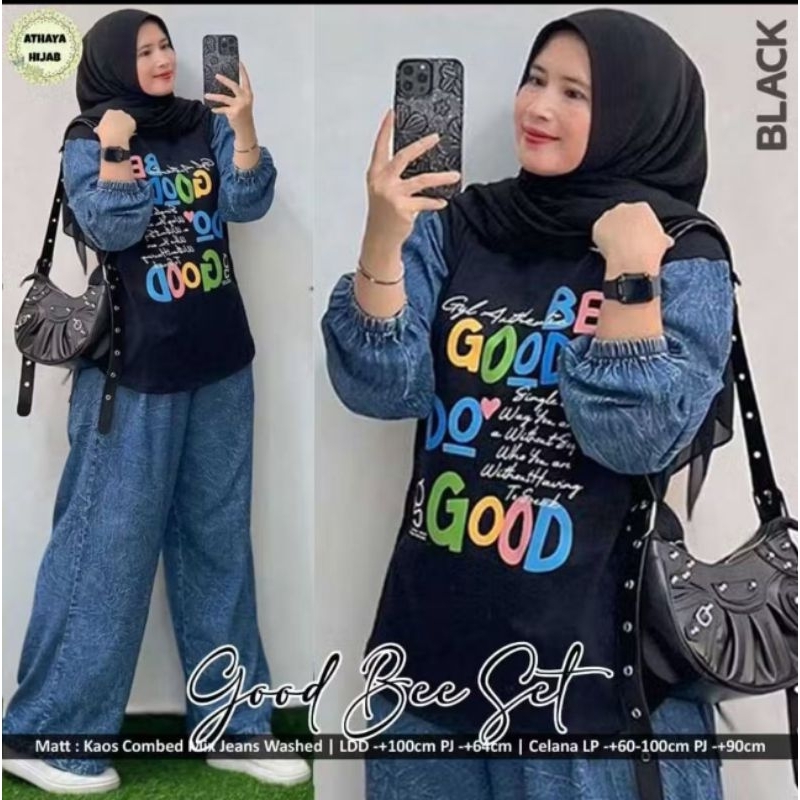 one set celana kulot jins + kaos katun