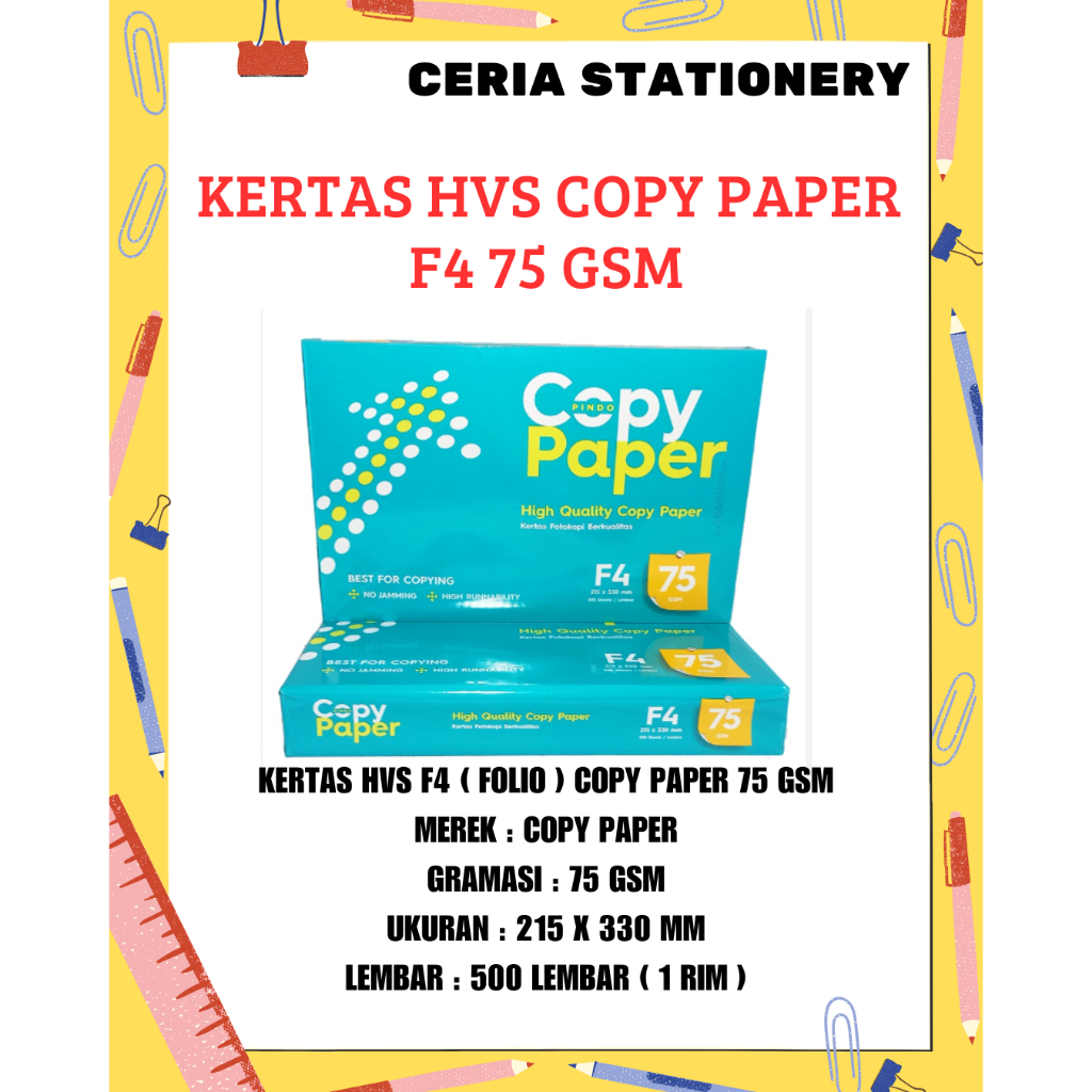 

Kertas HVS Copy Paper F4 75 Gsm 1 Rim 500 Lembar / HVS COPYPAPER Folio 75 Gram / Kertas Fotocopy