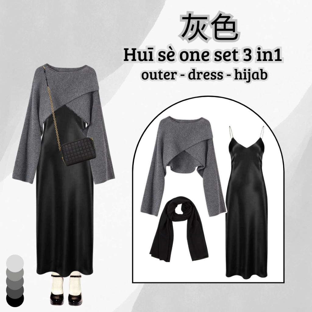 One Set Outfit ( Outer - Dress - Hijab ) Set OOTD 3in1 Setelan Baju Wanita Muslim Fashion  Y2K -BH60