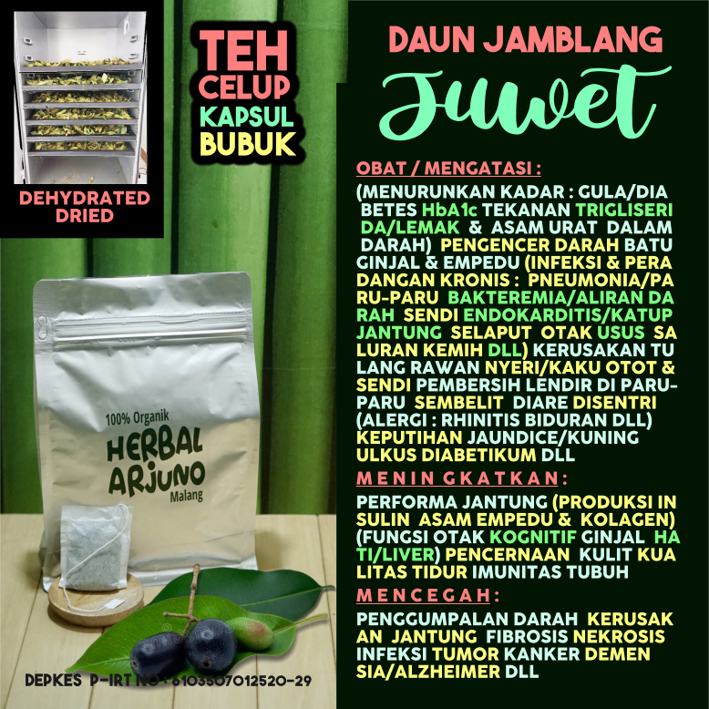 

Dehydrated Dried Teh Celup Kapsul Bubuk Daun Juwet Duwet Jamblang Obat HbA1c Diabetes Kolesterol Lemak Pengencer Infeksi Darah Asam Urat Batu Ginjal Empedu Alergi Biduran Radang Sendi Paru-Paru Penumonia Usus Keputihan Endokarditis Kaku Sendi Herbal Alami