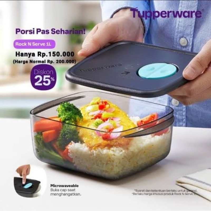 1 Pcs rock n serve 1L tupperware - hitam, bekal /tempat makan kristal(bahan polycarbonat) tupperware