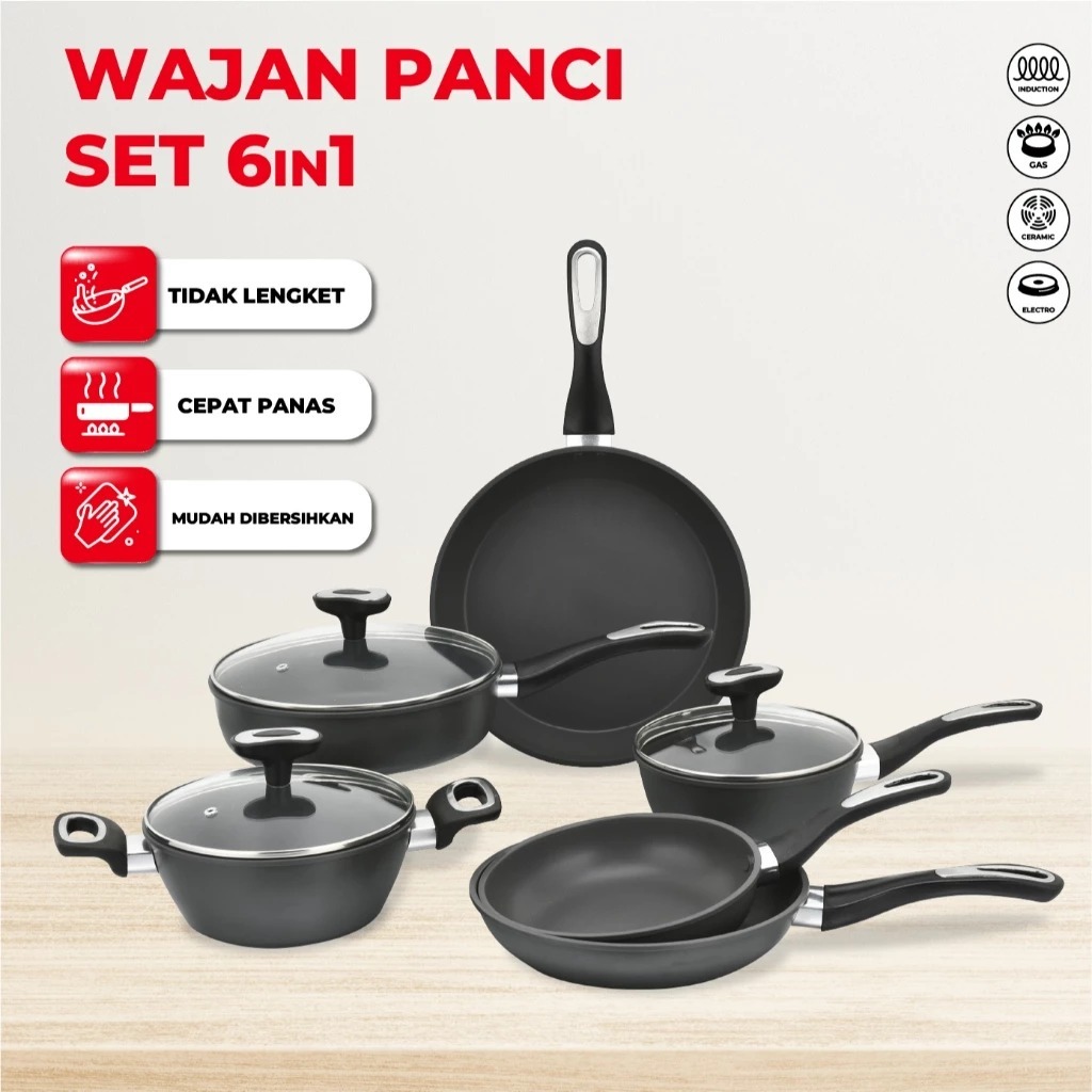 DTG - Wajan dan Panci Anti Lengket dengan Tutup Kaca Teflon set anti lengket Panci Wajan 6in1 Set LG
