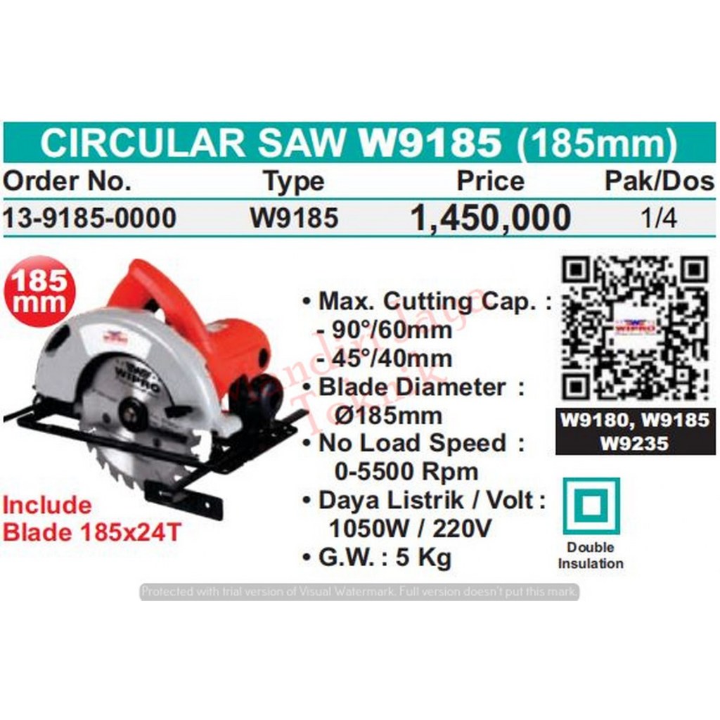 Mesin Gergaji Kayu Circular Saw 185mm W9185 WIPRO