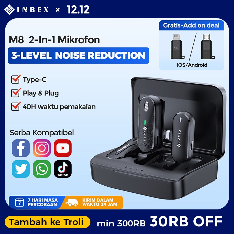 INBEX Wireless Microphone Lavalier Microphone Bluetooth youtuber/Nirkabel Mic Clip on Audio Video  M