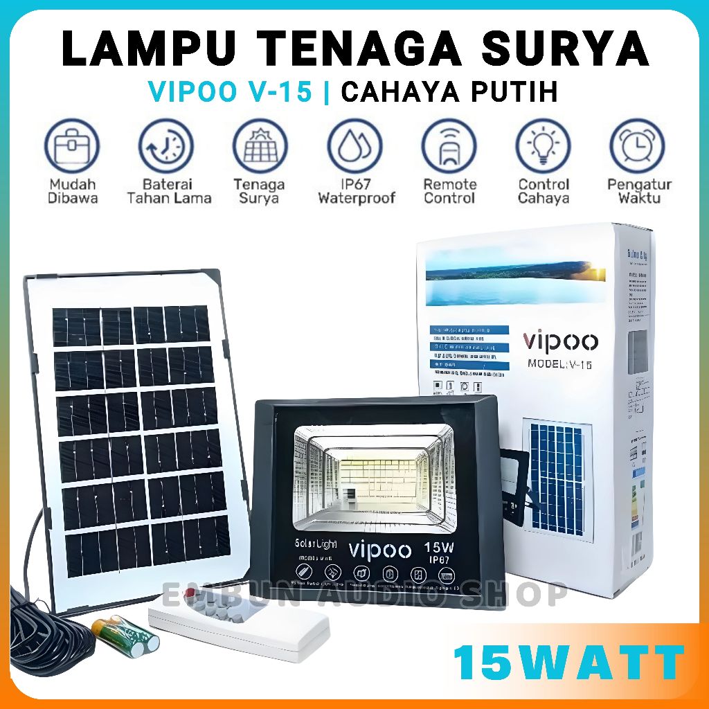Lampu Sorot Tenaga Surya 15Watt Anti Air VIPOO V-15 | Solar Lamp LED Cahaya Putih Spotlight With Rem