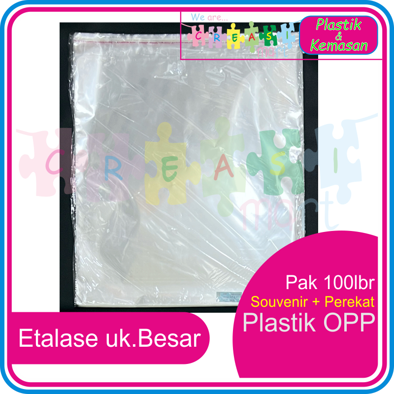 

Plastik OPP + Perekat Pak Isi 100lembar Plastik Undangan, Souvenir, Aksesoris, Packing Baju uk.Besar