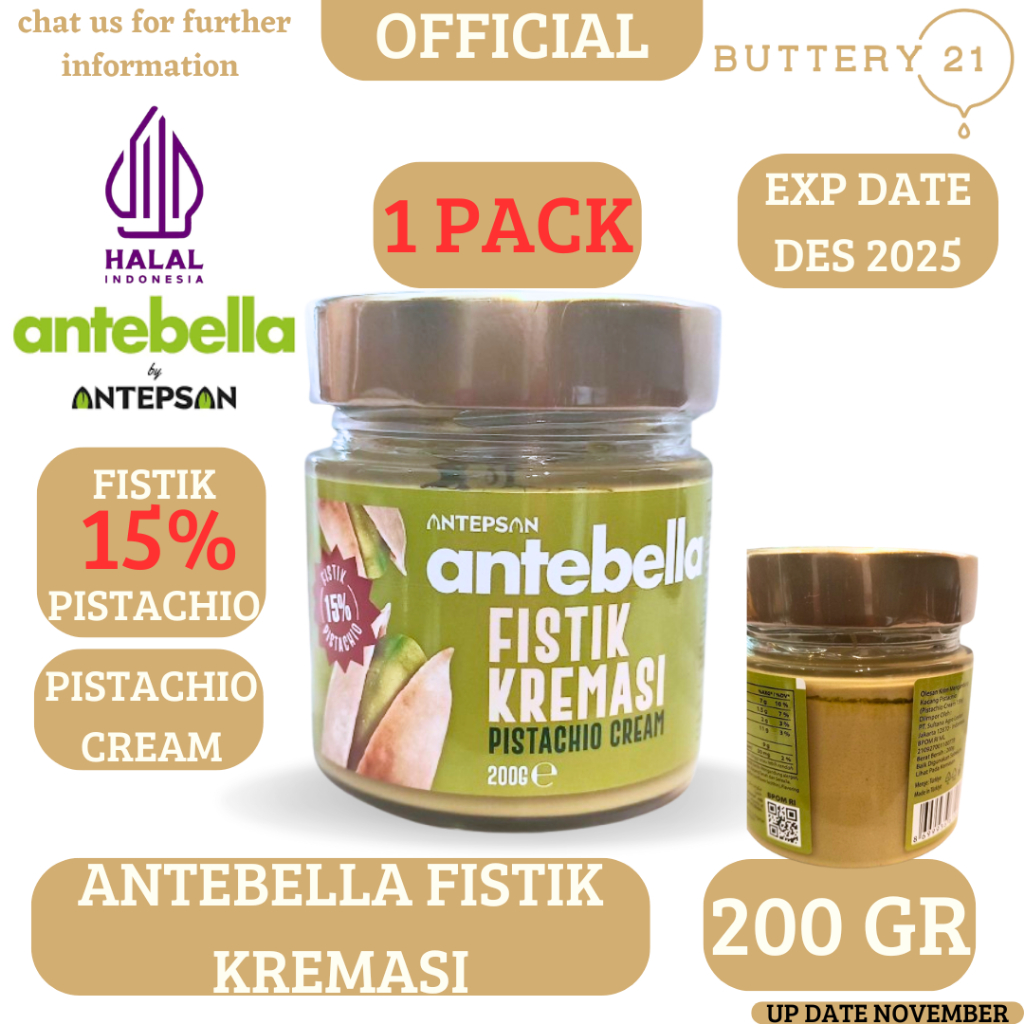 

SELAI ANTEBELLA 15% FISTIK KREMASI PISTACHIO CREAM 200 GR/SELAI KACANG PISTACHIO KRIM