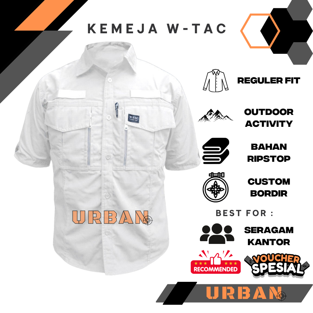 Kemeja Tactical W-TAC Putih Lengan Pendek | Kemeja Lapangan Outdoor | Baju Pdl Lengan Pendek Unisex