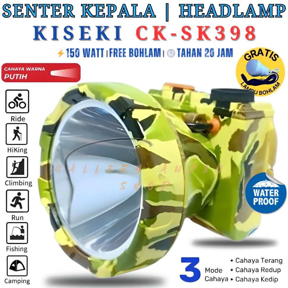 Senter Kepala Head Lamp LED KISEKI CK-SK398 150 Watt Cahaya Putih Bonus Lampu Bohlam | Senter Kepala