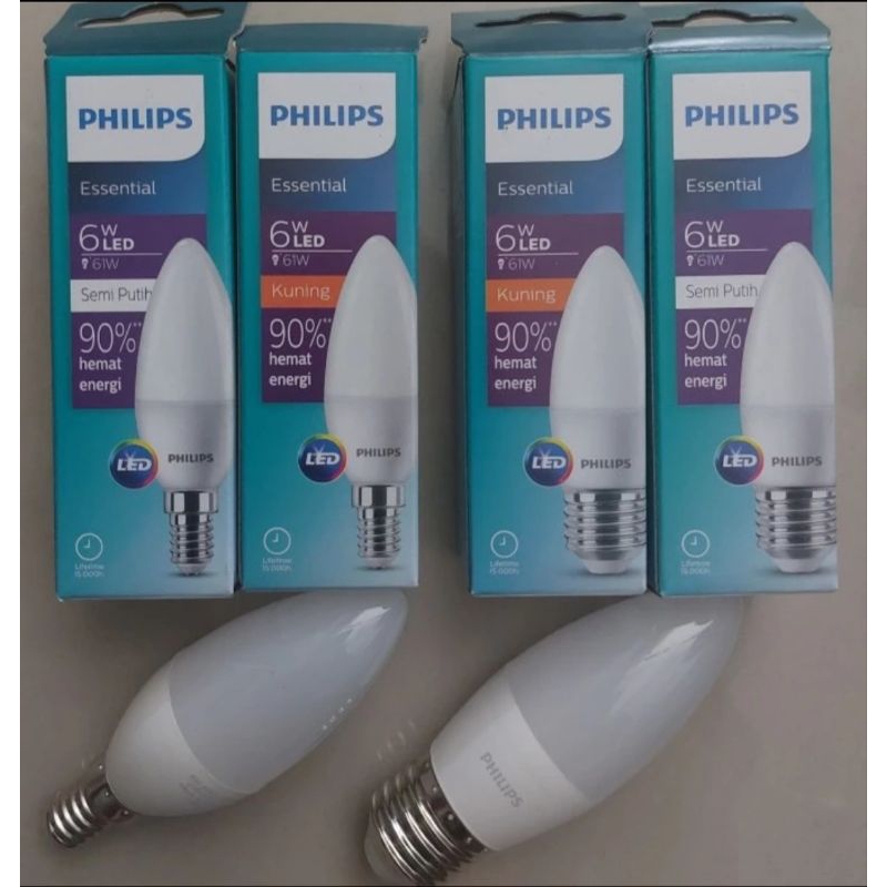 Lampu Lilin PHILIPS LED Candle Essential 6 Watt E14 E27 Warna Amber Kuning 2700K  Cool White 4000K