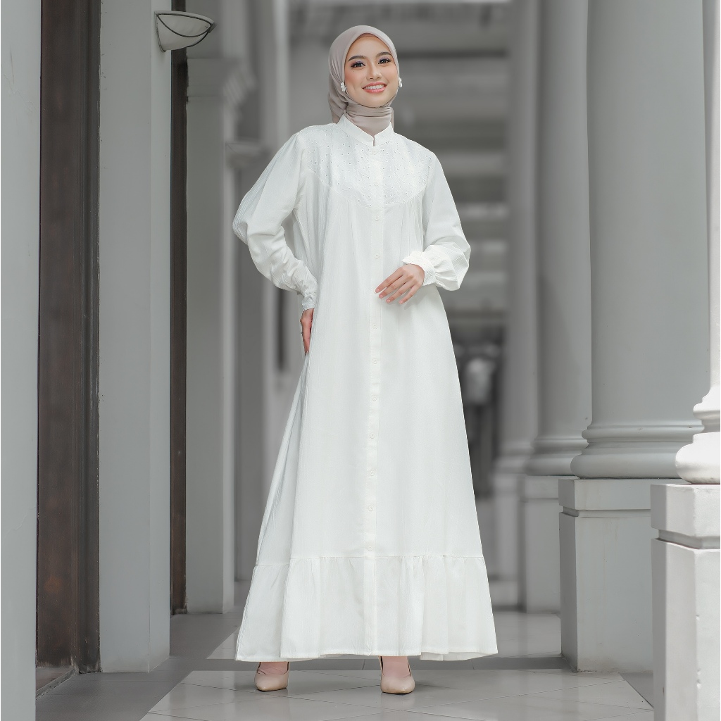 Hajra Daisy Dress DEWASA Gamis Wanita Putih Tulang Bahan Kombinasi Katun Bordir