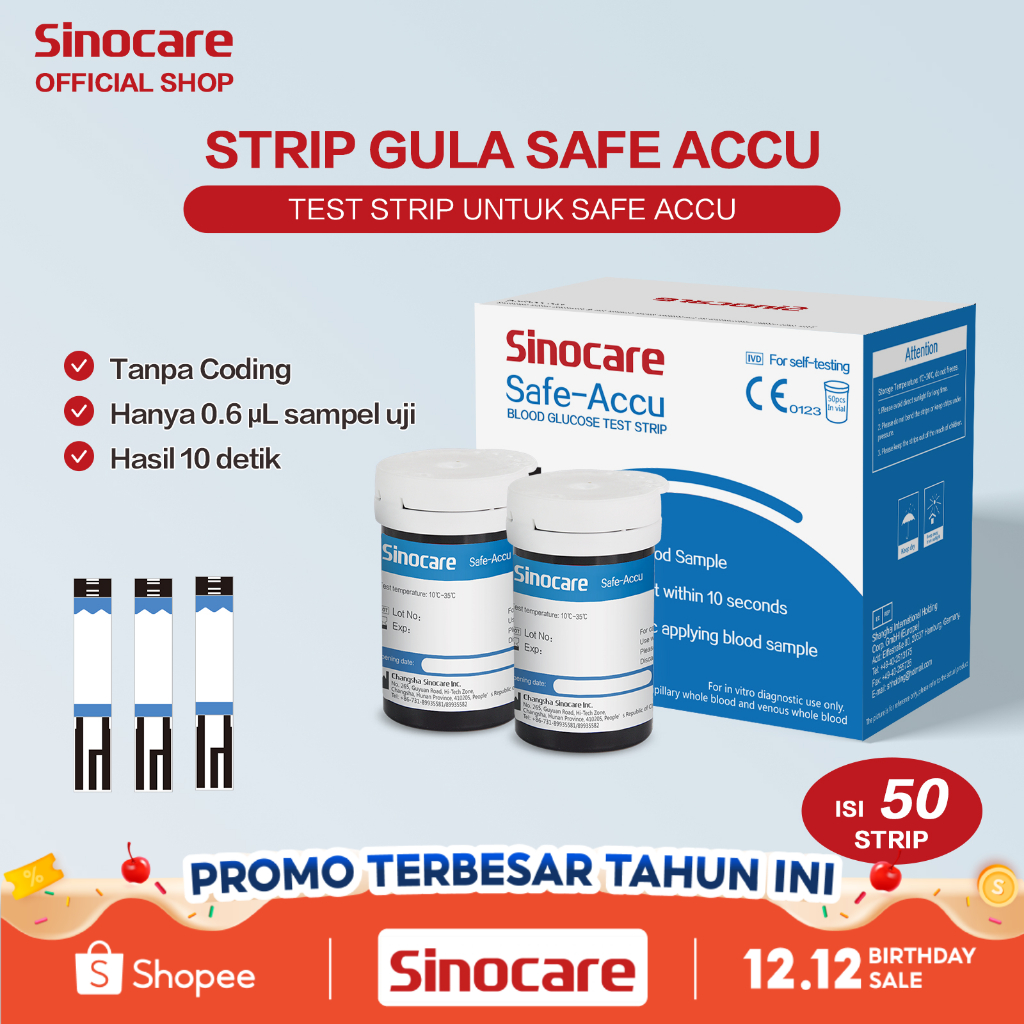 Alat Cek Gula Darah Sinocare Safe Accu Strip Uji Alat Tes Gula Darah (50 Strip) only strip