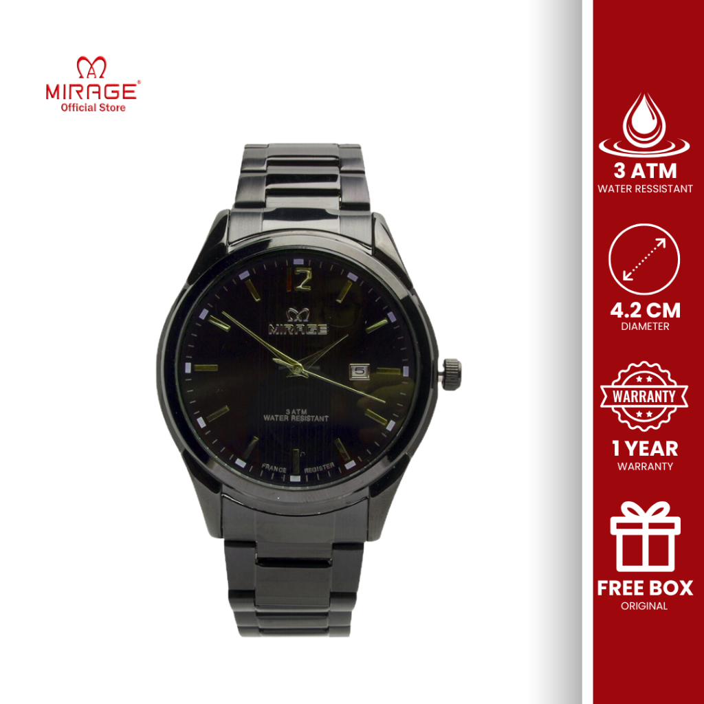 Mirage Jam Tangan Analog Pria Formal Kasual Tahan Air Anti Karat Original Hitam 7570 M Stainless