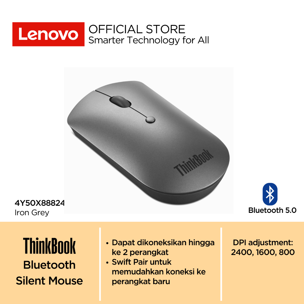 Lenovo ThinkBook Silent Wireless Mouse Dual-host Bluetooth 5.0 DPI (2400 1600 800) 4Y50X88824